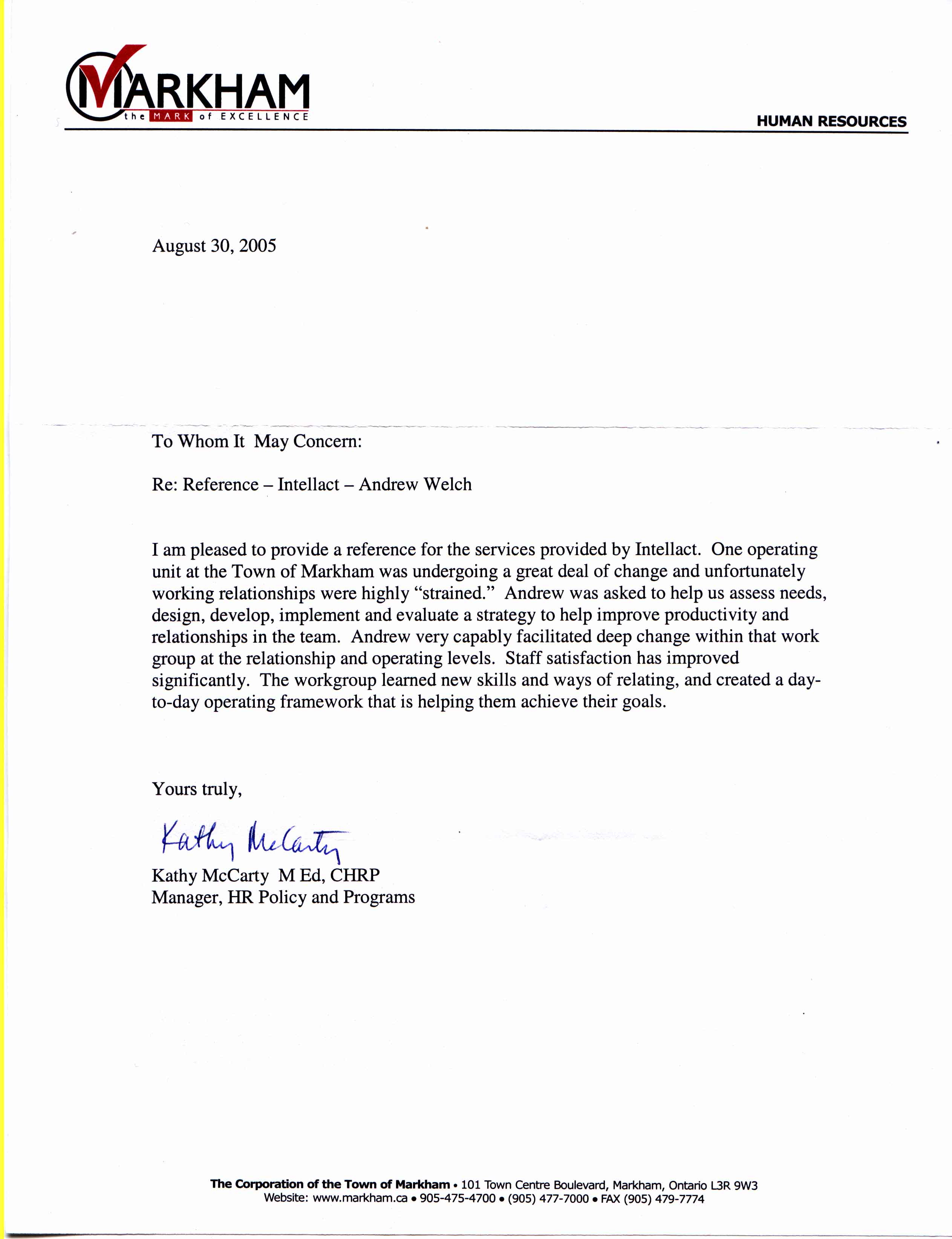 Scan of reference letter from Town of Markham